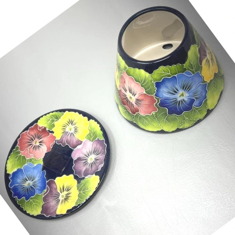 Vintage Blue Sky Flower Candle Lamp J‎ McCall 2004 Colorful Pansies Shade Plate